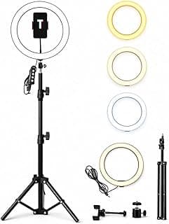Dimmable LED Ring Light with Adjustable Tripod Stand and Phone Holder, 10 Brightness Levels, for Live Streaming, Makeup, Photography, YouTube, TikTok (12 Inch)