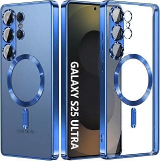 For Samsung Galaxy S25 Ultra Magnetic Case, Compatible with MagSafe, Built-in Camera Lens Protector, Luxury Plating Soft TPU Clear Shockproof Slim Thin Cover (Blue)
