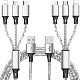 كابل شحن متعدد (عبوة من 2، طول 5 قدم) كابل شحن USB متعدد 3 في 1 من النايلون والألومنيوم مع وصلات Type-C/Micro USB لمعظم الهواتف والتابلت