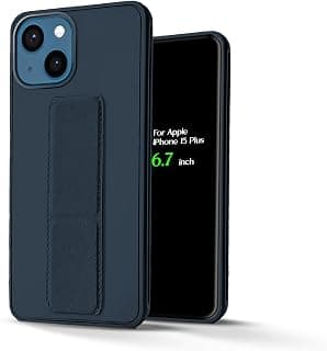 For Apple iPhone 15 Plus Silicone Back Case with Leather Handle Wrist Strap, Kickstand Back Feature Landscape and Portrait, Magnetic Holder Compatible with Apple iPhone 15 Plus (6.7") (Navy)