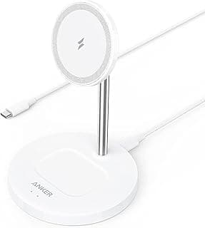 قاعدة شحن لاسلكية، باور ويف 2 في 1 مغناطيسية مع كابل USB-C 5 قدم، لايفون 12 سيريس + مسكة مغناطيسية أنكر أبيض
