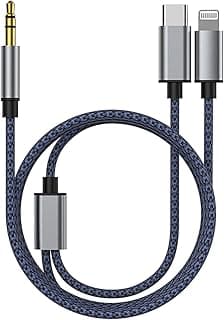 كابل صوت AUX للايفون، 2 في 1 USB C ولايتنينج إلى 3.5mm، مناسب لابل واندرويد وكاسيت السيارة وسماعات الرأس