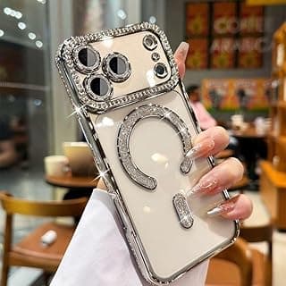 جراب فاخر من Fekra لهاتف iPhone 17 Pro Max متوافق مع Mag-Safe، مغناطيسي للنساء، بحواف مرصعة، جراب شفاف (فضي، iphone 17 pro max)
