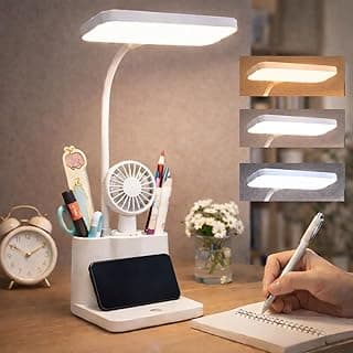 مصباح مكتب LED 3 في 1 مع حامل أقلام وهاتف - مصباح مذاكرة قابل لإعادة الشحن بـ USB مع مستشعر لمس، 3 أوضاع إضاءة، حماية للعين وإضاءة ليلية دافئة لغرفة النوم والمكتب والمنزل