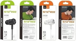 STEREO سماعات أذن سلكية داخل الأذن E1030، مقبس 3.5 ملم، باس عميق وصوت نقي، ميكروفون مدمج، كابل 1.2 متر، أبيض