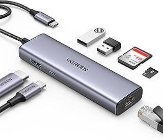 موزع USB C 7 في 1 4K HDMI متعدد المنافذ مع ايثرنت 1 جيجابايت في الثانية، توصيل بي دي 100 واط، 2 USB 3.0، قارئ بطاقات SD/TF، دونجل USB C متوافق مع ماك بوك وجميع أجهزة اللاب توب من يوجرين (90568)