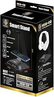 حامل سماعة راس HSW-02 مع شاحن لاسلكي، لون RGB يعمل باللمس، منافذ USB، اسود