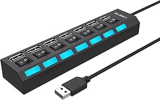 موزع بيانات USB 2.0 نوع ايه متعدد المنافذ 7، مع مفتاح تشغيل/ ايقاف مستقل ومؤشرات LED، مصابيح للاب توب، للكمبيوتر، للهارد HDD، فلاش ميموري وغيرها (اسود 2.0)