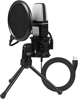 RGB USB Condenser Gaming Microphone for PC Laptop Phone Computer Microphone for Recording Streaming Podcasting with USB Adapter, Blowout guard, Tripod Stand (Black-A)