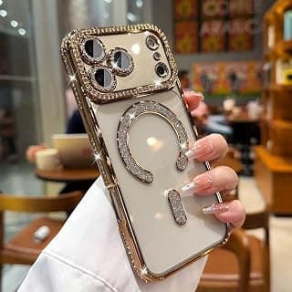 Fekra luxury Case for iPhone 17 Case Compatible with Mag-Safe, Magnetic for Women, with Edge Diamond Case Cover, Transparent Case (Gold, iphone 17)