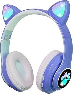 Wireless Bluetooth Headphones for Children, Foldable Girls Headphones Over Ear, LED Cute Cat Ears, Foldable, Audio Wireless for Children, Bluetooth 5.0 Headphones for Tablet/Mobile Phone/PC