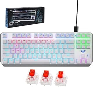 لوحة مفاتيح ميكانيكية للألعاب F3087 من اولا، مع 87 مفتاح بإضاءة خلفية RGB وأغطية مفاتيح من بلاستيك ايه بي اس، واتصال سلكي عبر USB-C، (مفتاح أحمر، أغطية مفاتيح أبيض) (دعم اللغة العربية غير مضمون)