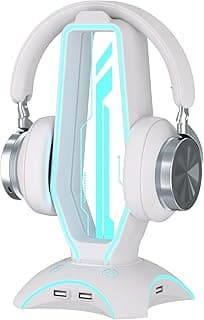 ستاند سماعة RGB أبيض وستاند سماعة جيمنج مع موزع 3-USB، يتميز بـ 6 ألوان LED + وضع إضاءة تنفس، مناسب لأماكن مختلفة، الإكسسوار الأمثل للجيمرز