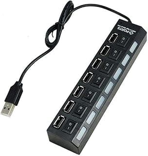 7 منافذ محول موزع USB 2.0 مقسم للطاقة - زر تشغيل/إيقاف - مصباح ليد (اسود)