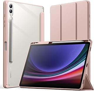 Case for Samsung Galaxy Tab S10 Plus/Tab S9 Plus 12.4-Inch with S Pen Holder, Clear Transparent PC Back, Shockproof Tri-Fold Stand Tablet Cover, Auto Wake/Sleep (Rose Gold)