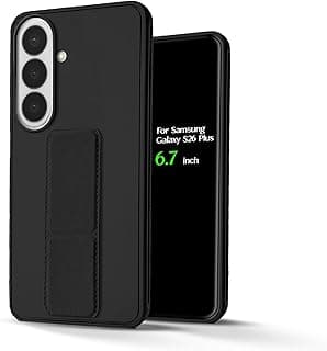 For Samsung Galaxy S26 Plus Silicone Back Case with Leather Handle Wrist Strap, Kickstand Back Feature Landscape and Portrait, Magnetic Holder Compatible with Samsung Galaxy S26 Plus (6.7") (Black)