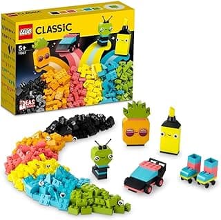 مجموعة مكعبات ليجو 11027 Classic Creative Neon Fun، لعبة بناء مع نماذج سيارة، أناناس، كائن فضائي، حذاء تزلج، وشخصيات، للأطفال من سن 5 سنوات فأكثر