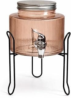 Glass Drink Dispenser 2.5 Liter with Metal Stand – Beverage Server with Lid & Leakproof Spigot – Home & Events (Amber)