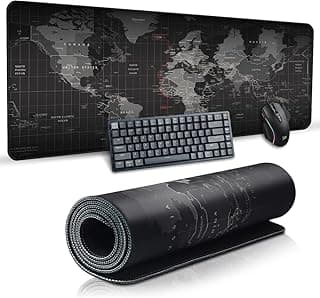 Giant Standard Desk Mouse Pad (80x30cm) World Map Design - Smooth Surface and Anti-Abrasion Stitched Edges - Non-Slip Rubber Base - Black and Grey - Perfect for Gaming and Working.