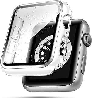 45mm Case Compatible with Apple Watch, with Built-in Tempered Glass Screen Protector, PC Cover for iWatch Series 9/8/7/SE 2rd SE 6 5 4/3 2 for Choice (45mm, White + Silver Edge)
