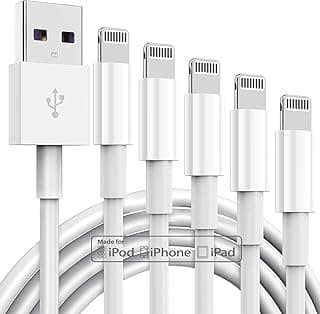 عبوة 5 كابل شاحن ابل معتمد MFi طول 6 قدم، كابل Lightning إلى USB، شحن سريع 2.4A، شواحن طويلة لهواتف ابل 13/12/11/11Pro/11Max/ X/XS/XR/XS Max/8/7/6، أبيض
