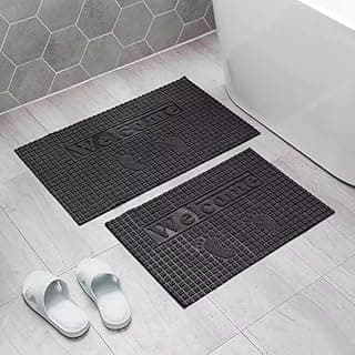 جيني دواسة ارضية للحمام، تصميم ترحيبي، اسود، سطح منسوج غير قابل للانزلاق، مجموعة من قطعة واحدة