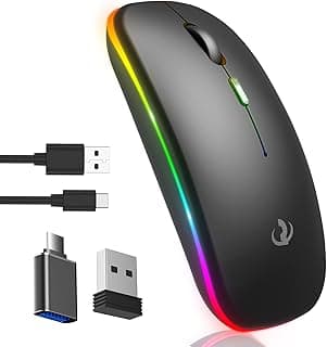 ماوس لاسلكي بلوتوث RIIKUNTEK للابتوب، 3 في 1 (بلوتوث+2.4G+Type C) ماوس نحيف قابل للشحن بإضاءة LED مع 1600 DPI، إضاءة RGB، كليك صامت، للكمبيوتر وماك