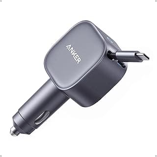 شاحن سيارة من أنكر بمنفذ USB-C متوافق مع آيفون 16 و15 و14 وماك بوك وآيباد وجالاكسي بقدرة 75 واط مع شحن سريع وكابل قابل للسحب