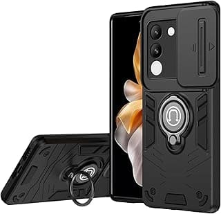 جراب موبايل متوافق مع Vivo v29e 5G مع غطاء كاميرا منزلق وحلقة معدنية دوارة 360 درجة (أسود)