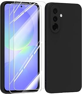جراب سيليكون لهاتف سامسونج Galaxy A36 5G مع 2 شاشة حماية، جراب TPU فائق النحافة مقاوم للصدمات والخدش - أسود