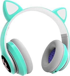 Bluetooth Headphones Children, Girls Cat Ear Headphones Over-Ear with LED Light Foldable Stereo Headphones Bluetooth, Wireless Headphones Children with Microphone, Micro SD/TF,for Tablet/Mobile
