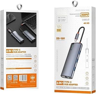 قاعدة توصيل USB-C متعددة الوظائف 6 في 1، منفذ HDMI بدقة 4K، شحن سريع بقوة 100 وات عبر Type-C، منفذ USB 3.0، إيثرنت RJ45، شحن سريع لأجهزة اي باد من آبل، ماك بوك، لابتوب، مايكروسوفت، أندرويد من لدنيو