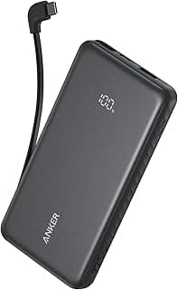 باور بانك من أنكر 10000 مللي امبير بمنفذ USB تايب-C مع شحن سريع و كابل مدمج للهاتف الذكي و الجهاز اللوحي، أسود