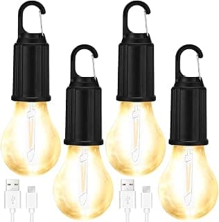 مصباح تخييم LED محمول بتصميم لمبة مناسب فانوس للخيمة، مصباح كشاف قابل لإعادة الشحن مزود بخطاف للتخييم والمغامرة وصيد الأسماك والطوارئ، 4 قطع