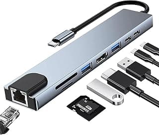محول متعدد المنافذ 8 في 1 من النوع سي مع HDMI 4K، لتوصيل الطاقة، USB نوع سي، ايثرنت، 2 USB، قارئ بطاقات SD/TF متوافق مع ماك بوك برو اكس بي اس والمزيد من الاجهزة من النوع سي
