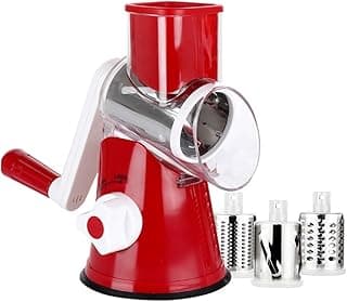 Manual Rotary Cheese Grater - Round Mandoline Slicer with Strong Suction Base, Vegetable Cutter Nuts Cheese Chopper (Rotary Grater-Red)
