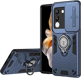 جراب موبايل متوافق مع Vivo v29e 5G مع غطاء كاميرا منزلق، مزيج من خامات ناعمة وصلبة، حلقة معدنية مدمجة تدور 360 درجة (كحلي)