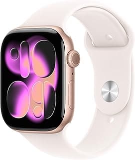 ساعة ابل Series 11 GPS مقاس 46 مم بهيكل ألومنيوم ذهبي وردي مع سوار رياضي Light Blush مقاس S/M. تقييم النوم، تتبع اللياقة البدنية، مراقبة الصحة، شاشة تعمل دائماً، مقاومة للماء