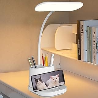 مصابيح مكتب LED تعمل بالبطارية مع حامل أقلام وإضاءة ليلية، تحكم باللمس، 3 أوضاع ألوان، سطوع تدريجي للمنزل والمكتب والمذاكرة، أبيض