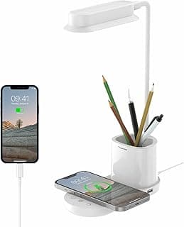 Desk Lamp 4 IN 1 LED Desk Lamp with Wireless Charger, USB Charging Port, Pen Holder, Eye Caring Table Lamp with 3 Lighting Modes & 4 Brightness Levels, Adjustable Gooseneck Lamp (White)