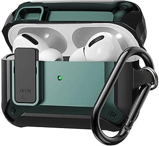 for Airpods Pro 2 Case Cover with Lock Lid, Armor Rugged Case for Apple Airpod Pro 2nd/1st Generation Case Shockproof Protective Skin Shell 2023/2022 with Carabiner for Women Men Black/Green