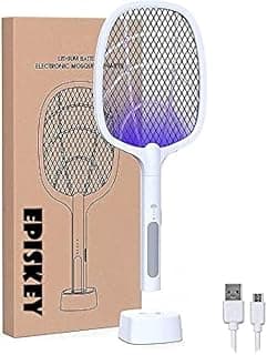 Rechargeable Handheld Electric Fly Swatter Mosquito- Insect Killer Racket Bats with UV Light Lamp, USB Charging Base bug Zapper Unique 3-Layer Safety for Home, Office (White)