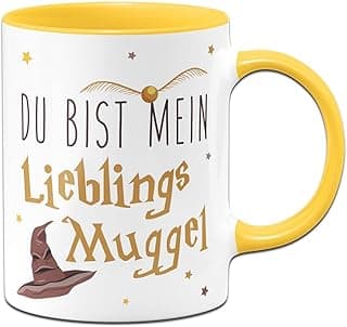 مج تاسنبرينيري مع نص مطبوع "Du bist mein Lieblings Muggel" - كوب قهوة مضحك كهدية للاصدقاء او الصديقة - فانتازي (اصفر)، زجاج