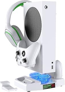 قاعدة تبريد رأسية مع مروحة شفط ومنصة شحن لذراعين تحكم Xbox Series S، مع 3 مستويات سرعة، حامل سماعة ومنافذ USB إضافية
