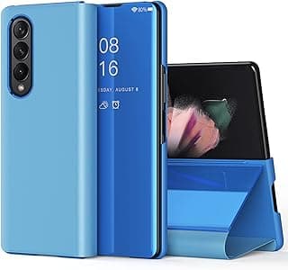 CCSamll Mirror Case for Samsung Galaxy Z Fold4 5G with Kickstand, Luxury Clear View Smart Display Flip Case Ultra Thin with Wireless Charging Phone Cover for Samsung Galaxy Z Fold 4 QH Blue