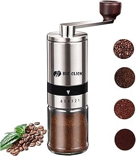 Manual Coffee Grinder with 6 Adjustable Settings & Metal Handle Ceramic Burr Mill & Stainless Steel Body, Portable Whole Bean Coffee Grinder for Drip Coffee, Moka Pot, French Press
