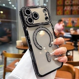 Fekra luxury Case for iPhone 17 Pro max Case Compatible with Mag-Safe, Magnetic for Women, with Edge Diamond Case Cover, Transparent Case (Black, iphone 17 pro max)