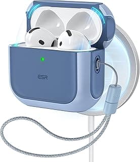 ESR حافظة ايربودز الجيل الرابع، متوافقة مع ايربودز الجيل الرابع (2024) (USB-C)، متوافقة مع ماج سيف، غطاء حماية من السقوط مع حبل قصير، حافظة اوربيت هايبرد، ازرق