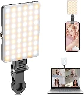 كشاف اضاءة سيلفي محمول TONEOF، كشاف هاتف 60 LED قابل للشحن مع مشبك وفتحة برغي مزدوجة 1/4 بوصة، كشاف كاميرا قابل للتعتيم 2500k-9000K للهاتف/اللابتوب/التابلت/الكاميرا، للسيلفي/مؤتمرات الفيديو - أسود