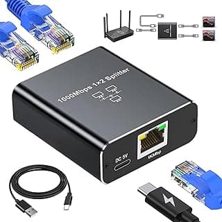 Avigers Ethernet Splitter 1 to 2, Network Switch Gigabit Ethernet Switch, 1000Mbps RJ45 LAN Internet Splitter with USB C Power Cable for Computer, Hub, Switch, Router, ADSL, Digital TV, etc